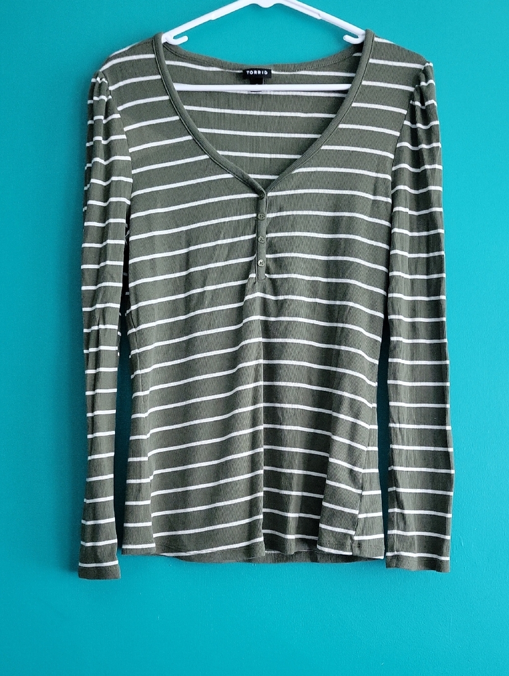 torrid Olive & White Striped Henley Long Sleeve Top